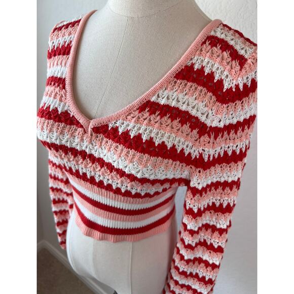 Altar'd State Pink Striped Cropped Crochet Sweater Cotton size XS - Picture 4 of 9